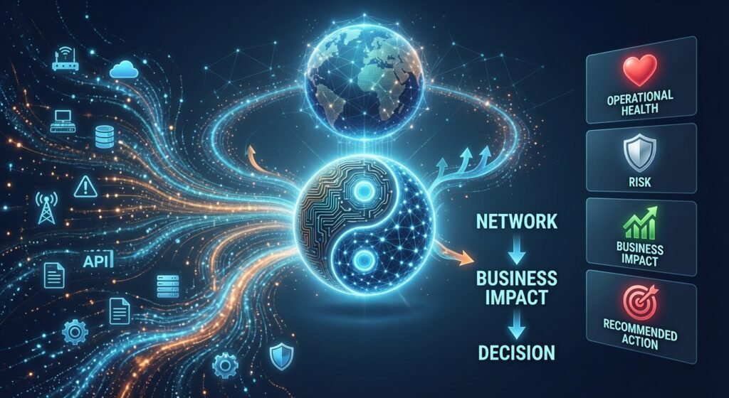 Model-Driven Telemetry streams operational signals into the KAATHAM Intelligence Engine, transforming telemetry, cloud APIs, logs and infrastructure data into Predictive Operational Intelligence, business impact analysis and recommended operational actions.